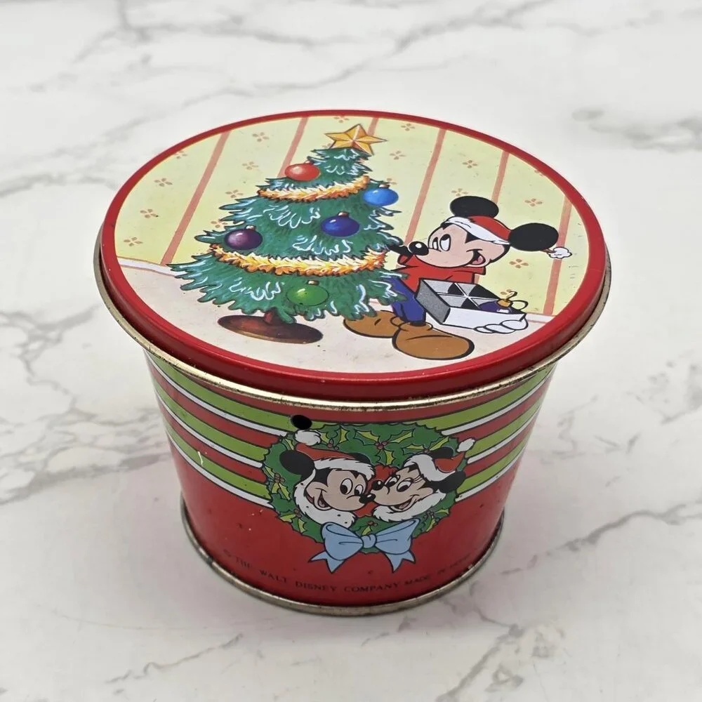 Vintage Disney Mickey Minnie Christmas Tree Round Tin Box Container Hong Kong